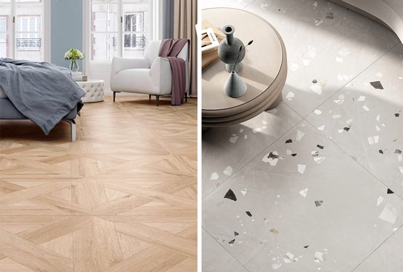 (Left) Horsham oak-effect porcelain floor tiles, (Right) Lisbon grey Terrazzo porcelain floor tiles